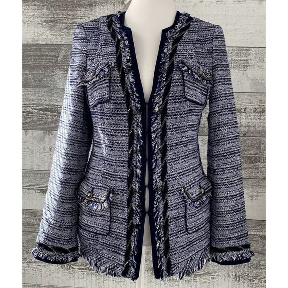 White House Black Market Jackets & Blazers - White House Black Market Blazer Women's 8 Blue White Tweed Fringe Chain Accents